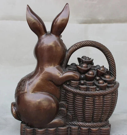 wholesale factory 11" Lucky Chinese Pure Bronze Animals Lovely Rabbit Carry Wealth Treasure Statue 25% off