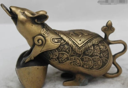 wholesale factory 5"China Chinese Folk Bronze Lucky Lifelike Money drawing Yuan Bao mouse Statue 25% off