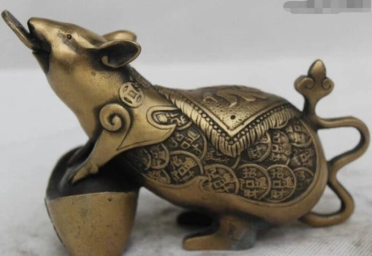 wholesale factory 5"China Chinese Folk Bronze Lucky Lifelike Money drawing Yuan Bao mouse Statue 25% off