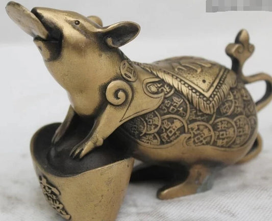 wholesale factory 5"China Chinese Folk Bronze Lucky Lifelike Money drawing Yuan Bao mouse Statue 25% off
