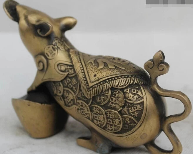 wholesale factory 5"China Chinese Folk Bronze Lucky Lifelike Money drawing Yuan Bao mouse Statue 25% off