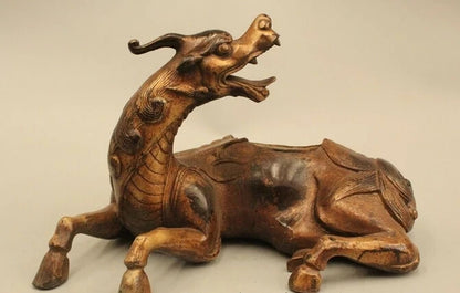 wholesale factory 7"Marked Chinese Folk Old Bronze Unicorn Foo Dogs Incense Burner Censer Statue 25% off