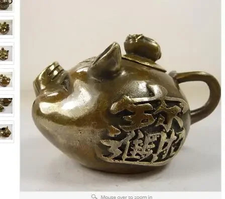 wholesale factory Decoration Crafts Brass collectible old china copper carved pig shape teapot carved calligraphy