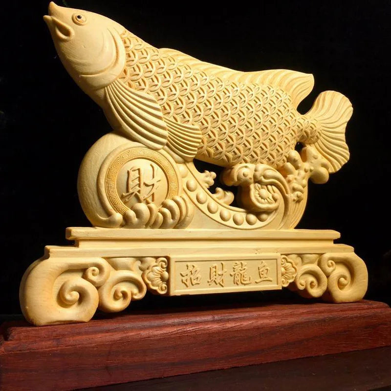 wood carving Lucky Dragon Fish mascot ornament Solid wood modern art engraving Best Statues for Home Living Room Office