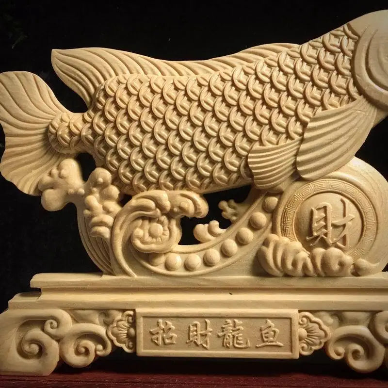 wood carving Lucky Dragon Fish mascot ornament Solid wood modern art engraving Best Statues for Home Living Room Office