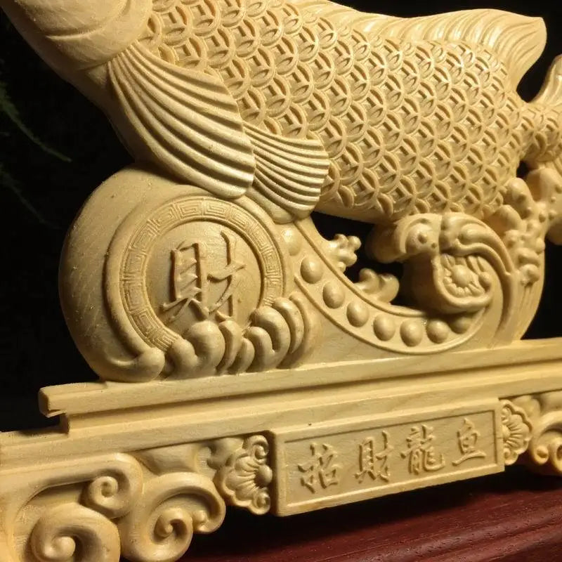 wood carving Lucky Dragon Fish mascot ornament Solid wood modern art engraving Best Statues for Home Living Room Office