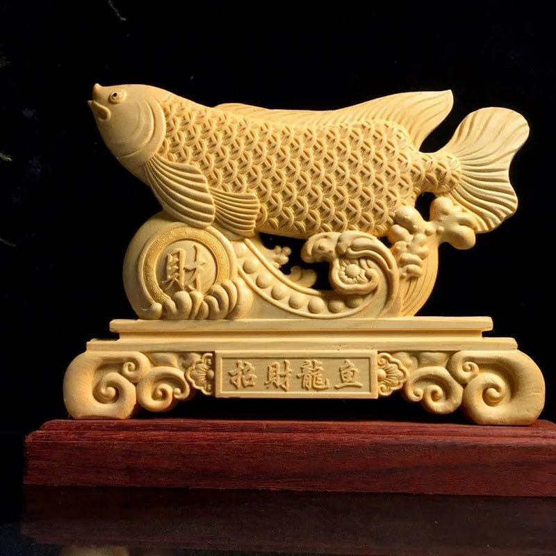 wood carving Lucky Dragon Fish mascot ornament Solid wood modern art engraving Best Statues for Home Living Room Office