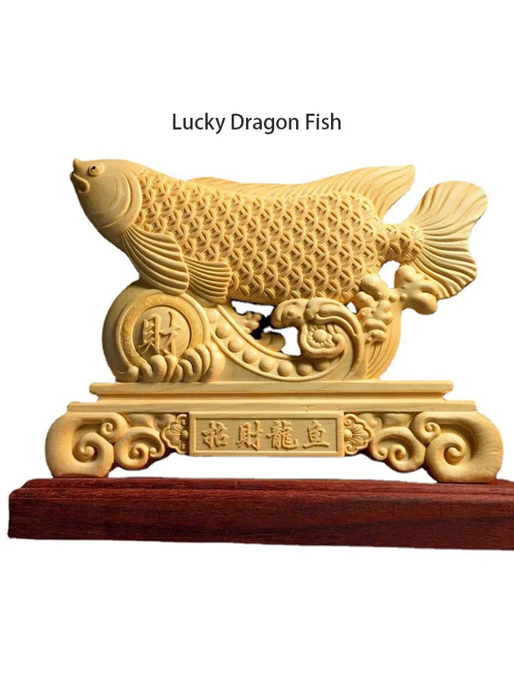 wood carving Lucky Dragon Fish mascot ornament Solid wood modern art engraving Best Statues for Home Living Room Office