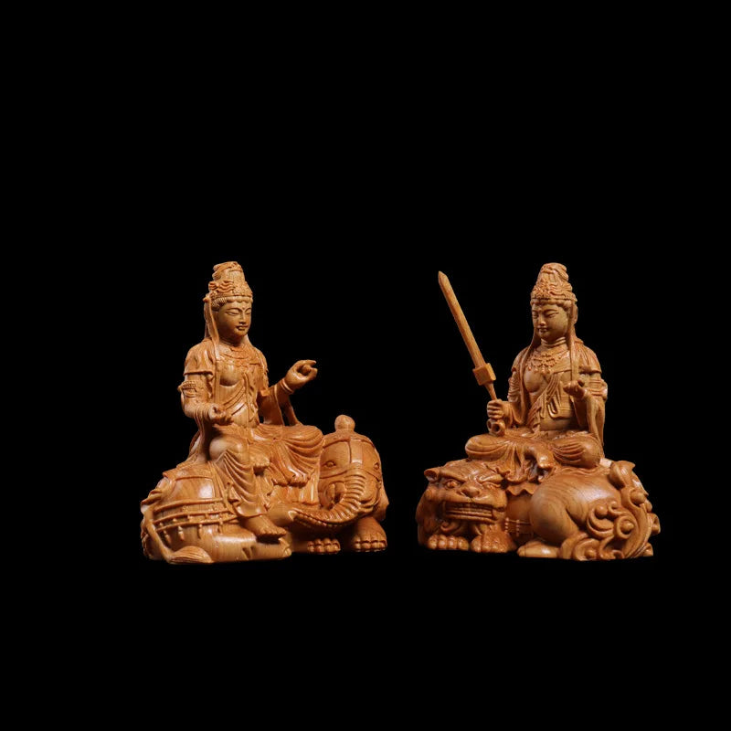 wood carving Manjushri, Samantabhadra solid wood statue Chinese Buddhist figures Home living room bedroom feng shui statue