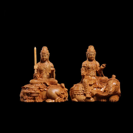 wood carving Manjushri, Samantabhadra solid wood statue Chinese Buddhist figures Home living room bedroom feng shui statue