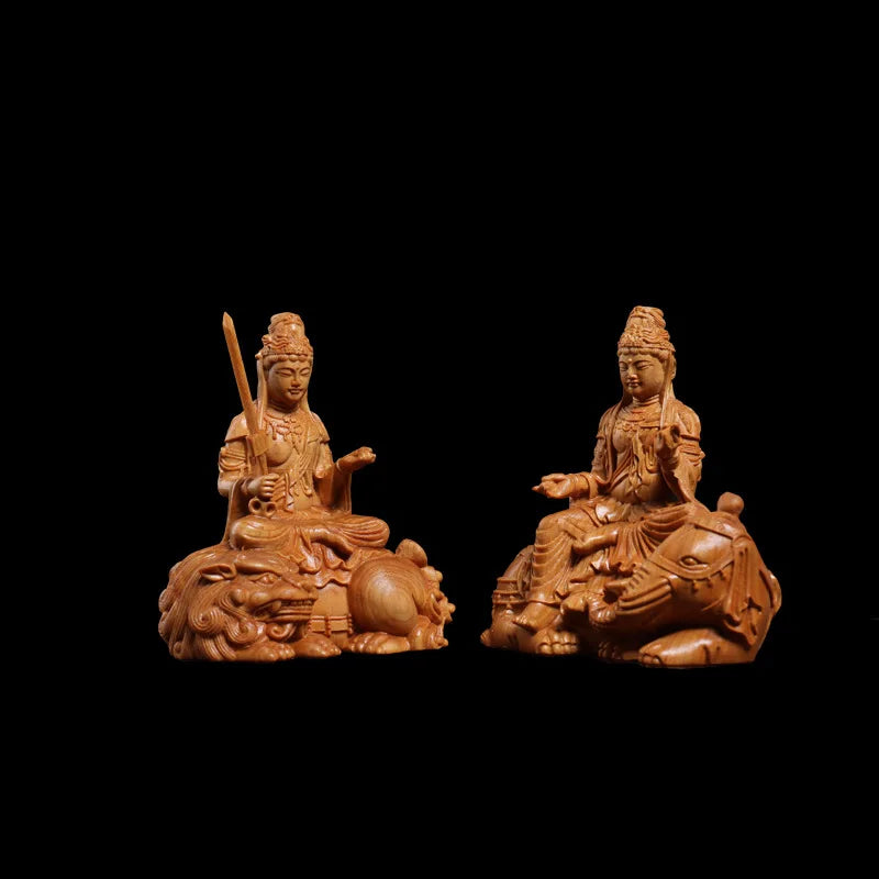 wood carving Manjushri, Samantabhadra solid wood statue Chinese Buddhist figures Home living room bedroom feng shui statue