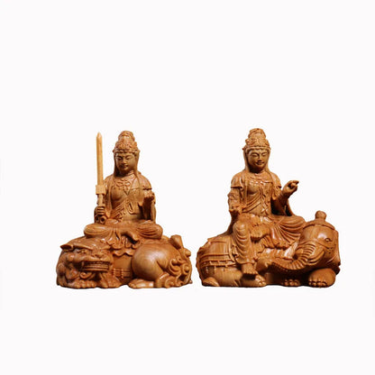 wood carving Manjushri, Samantabhadra solid wood statue Chinese Buddhist figures Home living room bedroom feng shui statue
