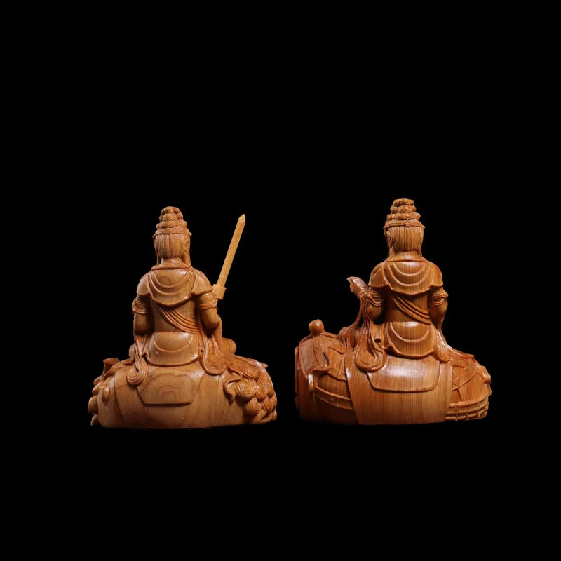 wood carving Manjushri, Samantabhadra solid wood statue Chinese Buddhist figures Home living room bedroom feng shui statue