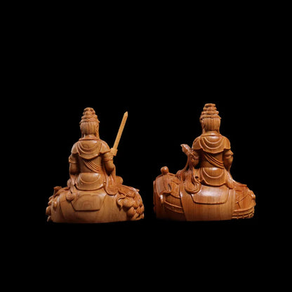 wood carving Manjushri, Samantabhadra solid wood statue Chinese Buddhist figures Home living room bedroom feng shui statue