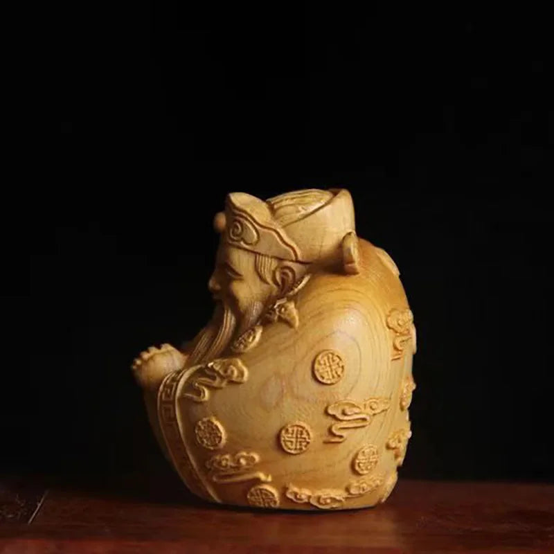 wooden God of wealth decorative Small ornaments Characters hand-carved Cute Home Mini Art Statue lucky small gift