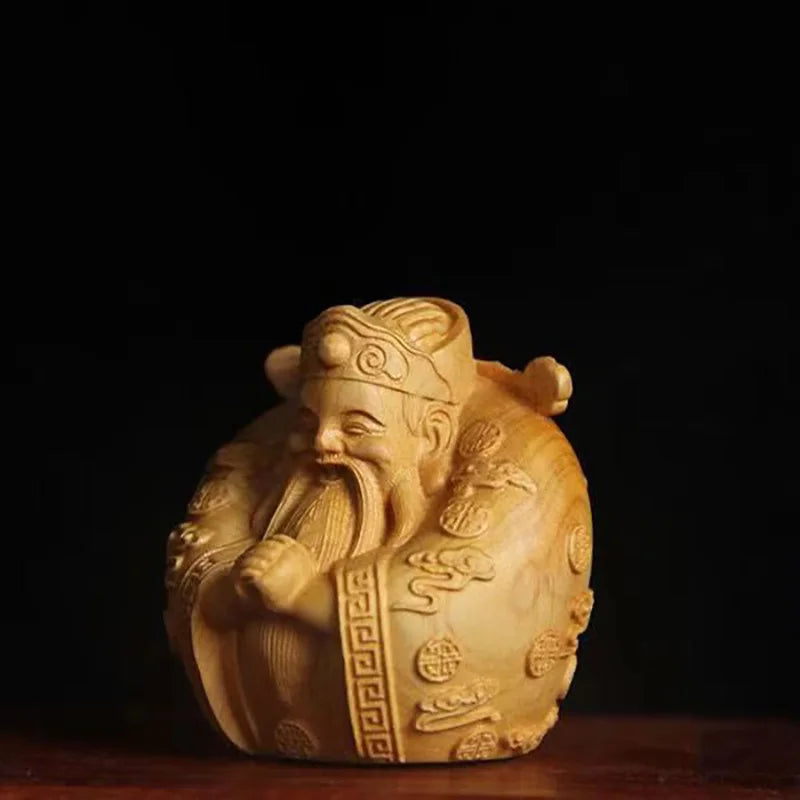 wooden God of wealth decorative Small ornaments Characters hand-carved Cute Home Mini Art Statue lucky small gift