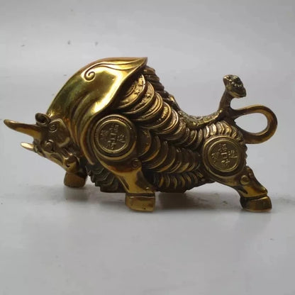 works of art Collection Chinese Brass Carved Bull Sculpture /Feng Shui Money OX statue.