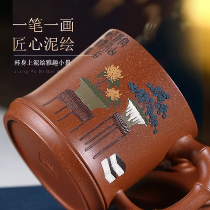 yixing purple sand cup of pure manual cup lid cup run of mine ore bamboo mud painting office cup cup carpet of flowers