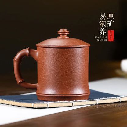 yixing purple sand cup of pure manual cup lid cup run of mine ore bamboo mud painting office cup cup carpet of flowers