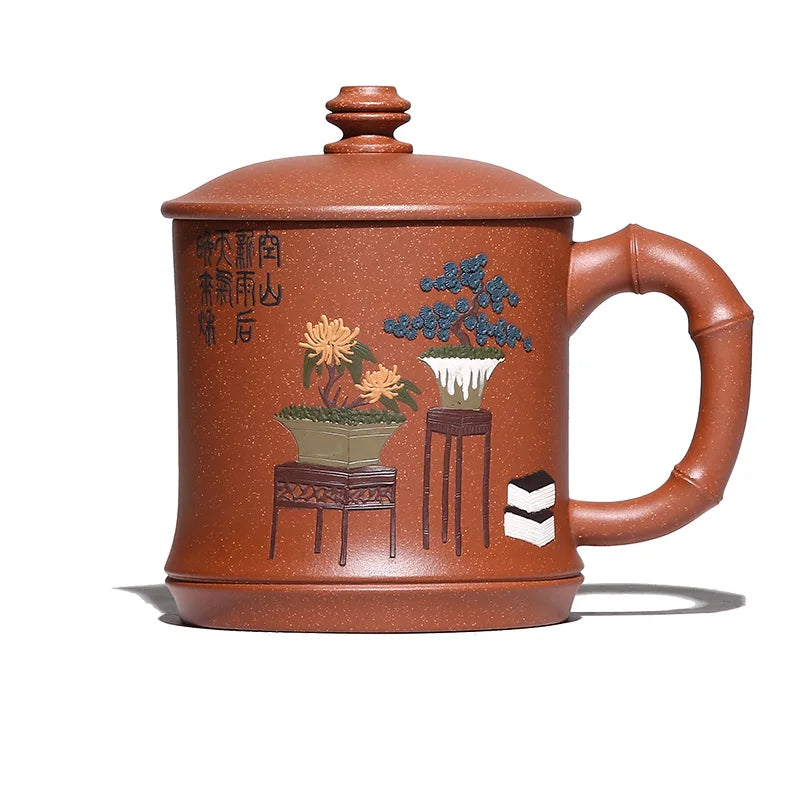 yixing purple sand cup of pure manual cup lid cup run of mine ore bamboo mud painting office cup cup carpet of flowers