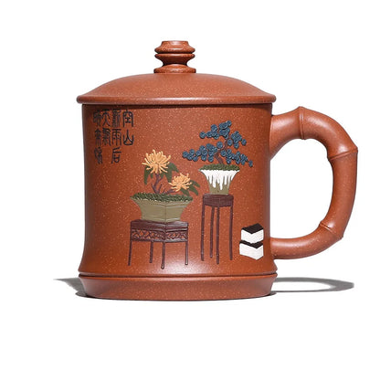 yixing purple sand cup of pure manual cup lid cup run of mine ore bamboo mud painting office cup cup carpet of flowers