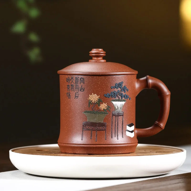 yixing purple sand cup of pure manual cup lid cup run of mine ore bamboo mud painting office cup cup carpet of flowers