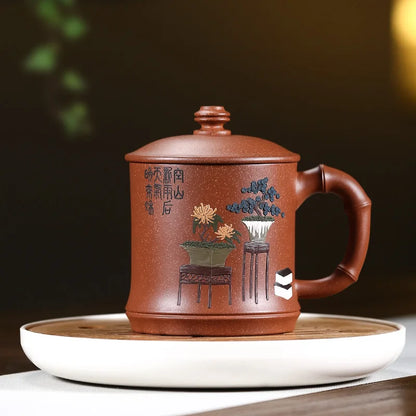 yixing purple sand cup of pure manual cup lid cup run of mine ore bamboo mud painting office cup cup carpet of flowers