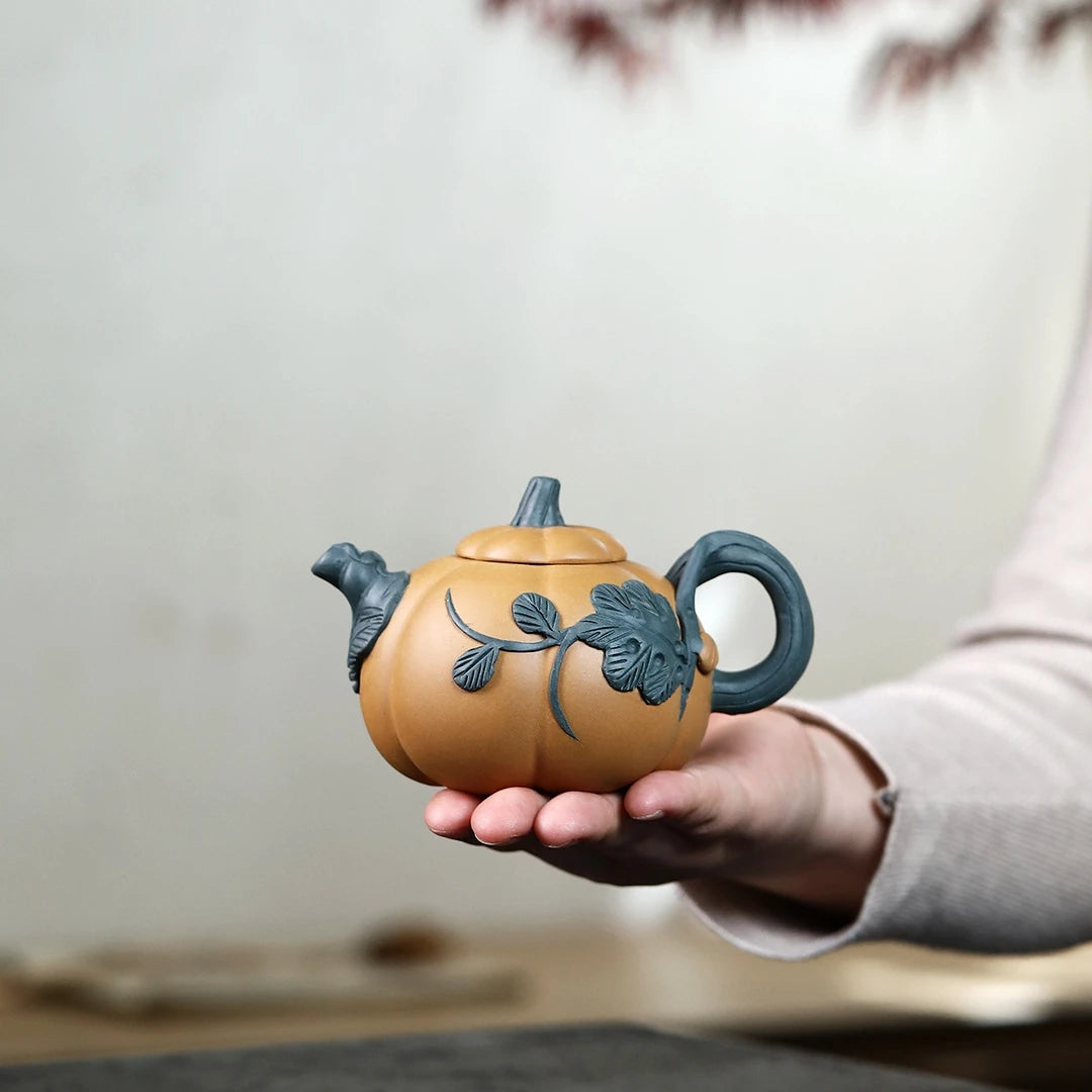 yixing zisha duan clay tea pot marked pumpkin design 220ml master handmade pot leave relief Chinese kungfu teapots on big sales