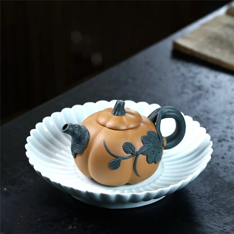yixing zisha duan clay tea pot marked pumpkin design 220ml master handmade pot leave relief Chinese kungfu teapots on big sales
