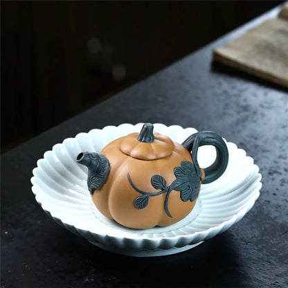 yixing zisha duan clay tea pot marked pumpkin design 220ml master handmade pot leave relief Chinese kungfu teapots on big sales