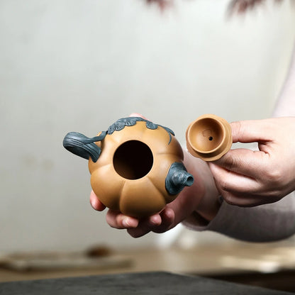 yixing zisha duan clay tea pot marked pumpkin design 220ml master handmade pot leave relief Chinese kungfu teapots on big sales