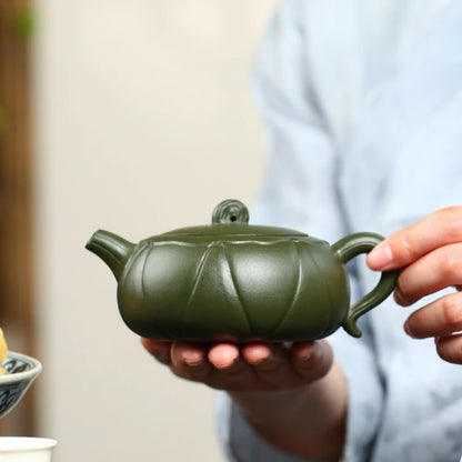 yixing zisha green clay tea pot handmade lotus carved design 280ml tea brewer