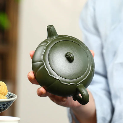 yixing zisha green clay tea pot handmade lotus carved design 280ml tea brewer