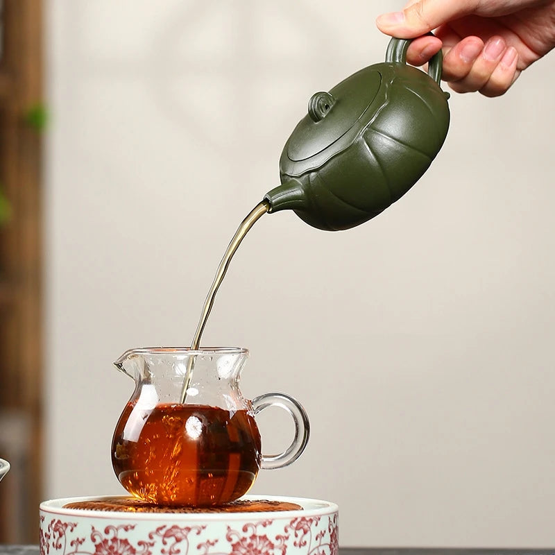 yixing zisha green clay tea pot handmade lotus carved design 280ml tea brewer