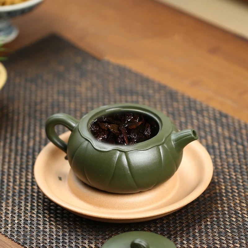 yixing zisha green clay tea pot handmade lotus carved design 280ml tea brewer