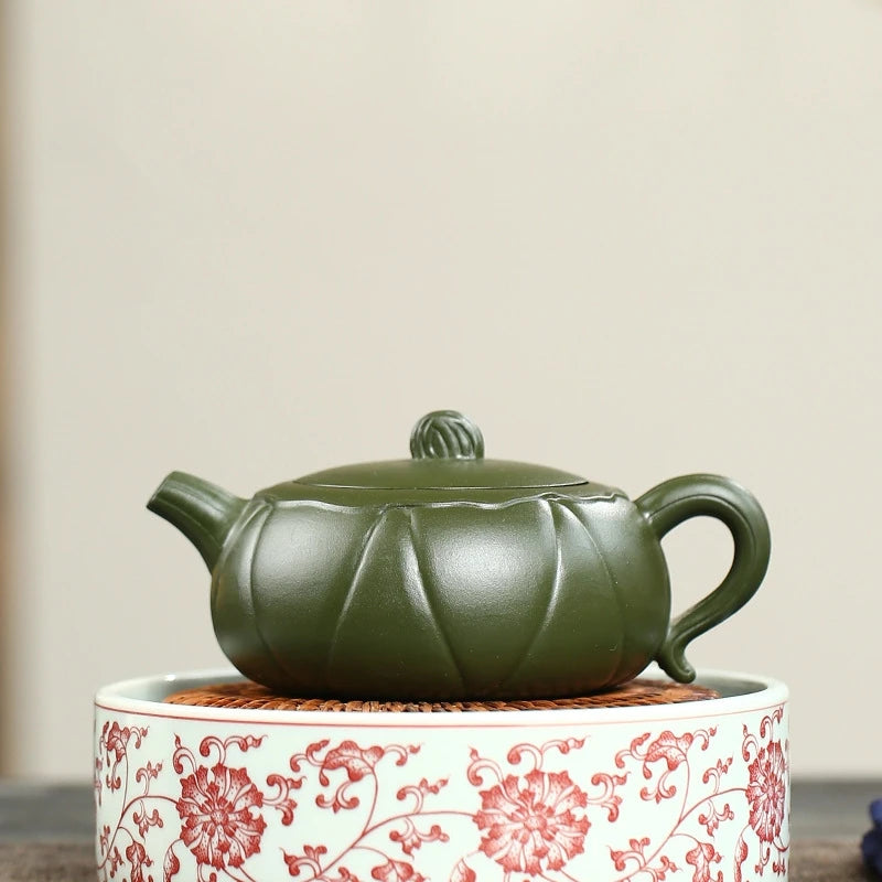 yixing zisha green clay tea pot handmade lotus carved design 280ml tea brewer