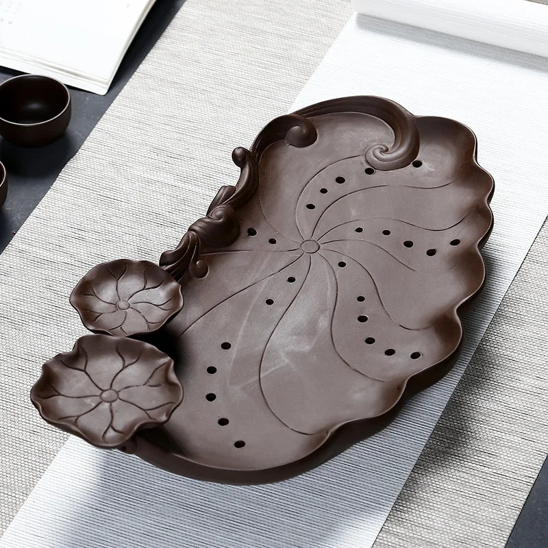 yixing zisha tea plate reservoir tea tray Chinese purple clay holder for tea pot cup lotus design creative tea boat L38cm W23cm