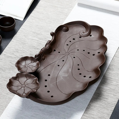 yixing zisha tea plate reservoir tea tray Chinese purple clay holder for tea pot cup lotus design creative tea boat L38cm W23cm